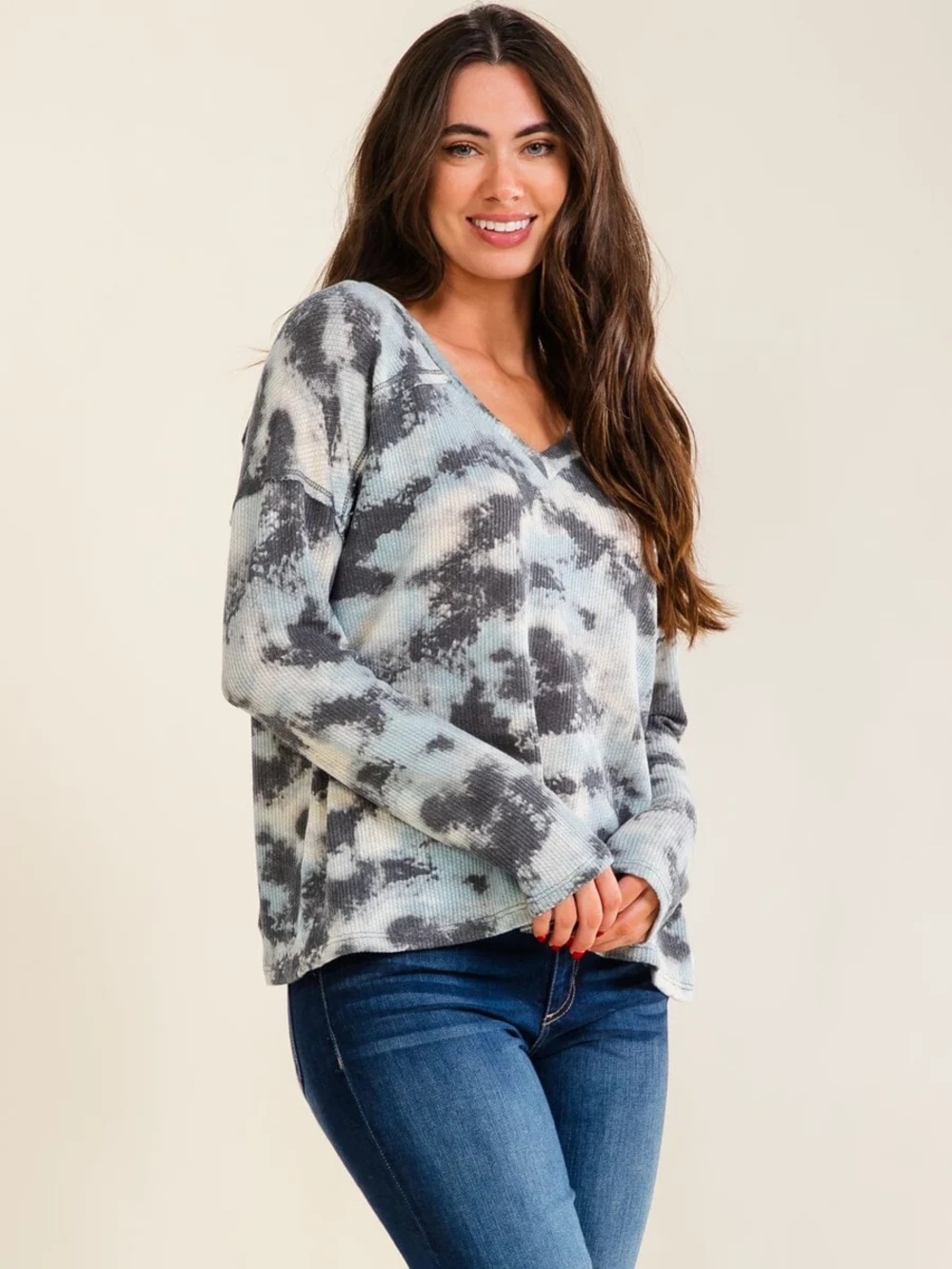 ENTRO WOMEN'S LONG SLEEVE V-NECK TIE DYE TOP